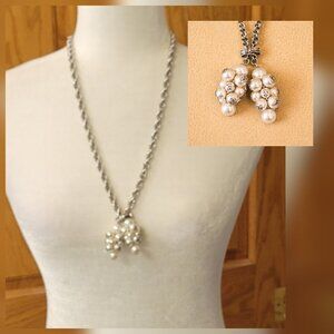 VTG Pearl Cluster Necklace Double Drop Pendant Silver Tone Chain Retro Costume